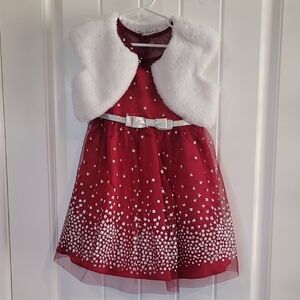 Red Dress with White Fur Vest